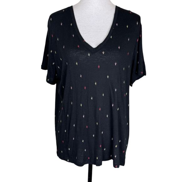 Rails Tops - Rails Cara Black Rainbow Cactus V-Neck Lightweight Linen Blend Boho Casual Tee